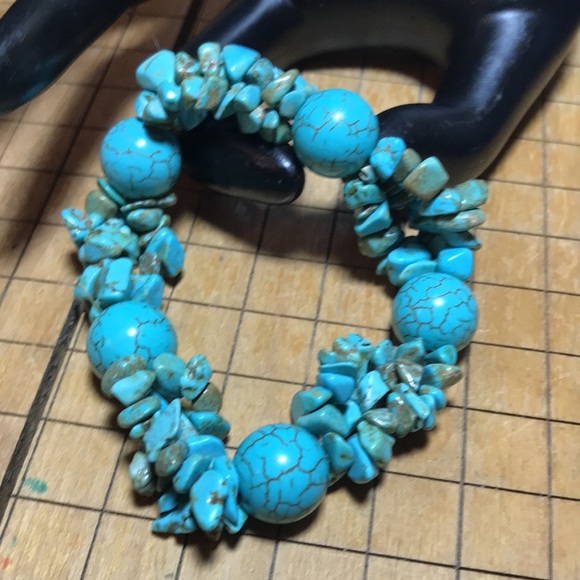 Turquoise Stone Nugget Chip, Pretty Dark Vein Ball Bead 7”L Bracelet EVC 70s 80s - Picture 6 of 11